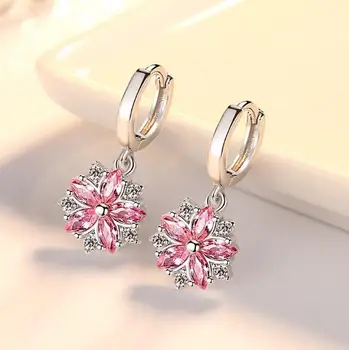 

New Fashion Women Earring Trendy Cute Pink Flower Round Pendant AAA Cubic Zirconia Earings Wedding Party Jewelry Gift Accessorie