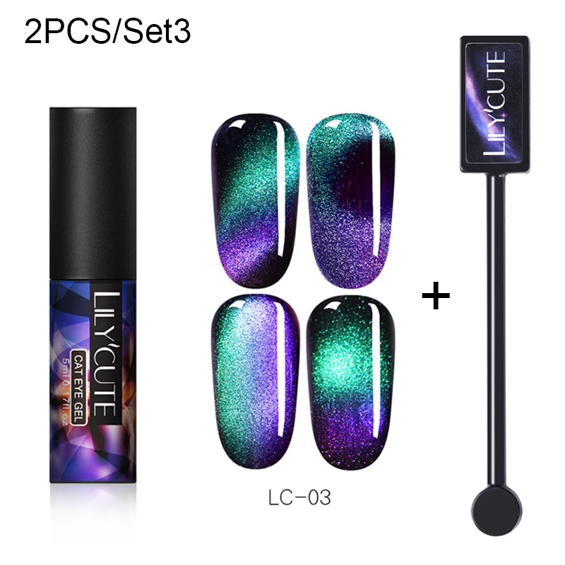 LILYCUTE 5 мл 9D Auroras кошачий глаз УФ-Гель-лак Хамелеон для использования с магнитом впитывающийся Гель-лак для нейл-арта DIY дизайн - Цвет: 2 PCS Auroras 3