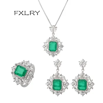 

FXLRY Fashion elegant AAA green cubic zirconia vintage pendant necklace earring ring jewerly sets for women