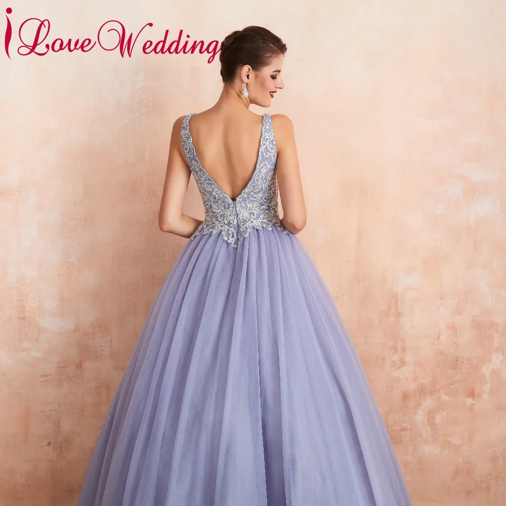 Robe de soiree торжественное платье сексуальное с v-образным вырезом кружева аппликация без рукавов сиреневый Тюль Бальные вечерние платья Длинные