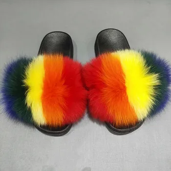 

Real Fox Fur Slides 2020 Summer Cute Fluffy Wholesale Bulk Raccoon Fox Slippers Natural Fashion Beach Flats Jamaica Dropshipping