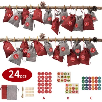 

24PCS Christmas Candy Bag Christmas Countdown Calendar Gift Container Children's Canvas Gift Pouch Christmas Tree Decoration