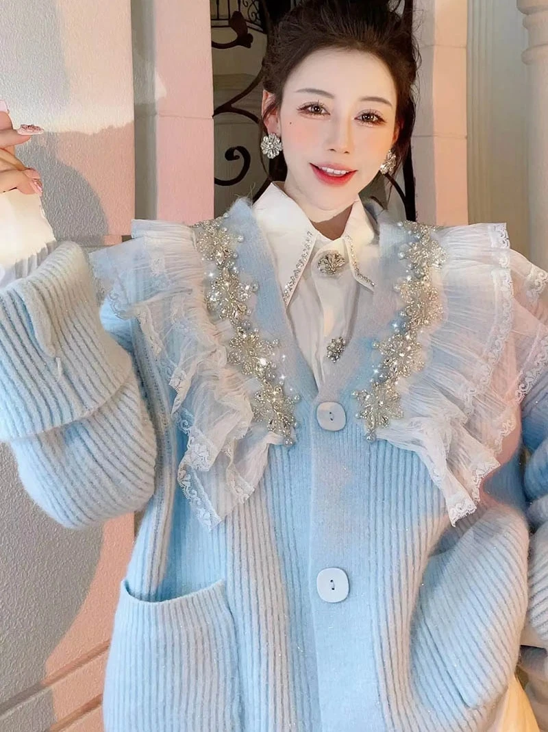 

Тяжелая промышленность, вышитый бисером свитер с V-образным вырезом и кружевными краями, 2024, зимние милые Куртки, Женский вязаный свитер на весну и осень, пальто