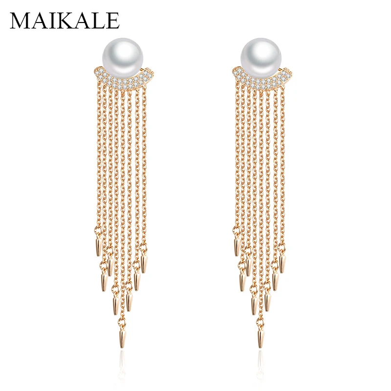 

MAIKALE Trendy Tassel Chain Long Earrings with Pearls Gold Silver Cubic Zirconia Hanging Dangle Pearl Earrings for Women Jewelry