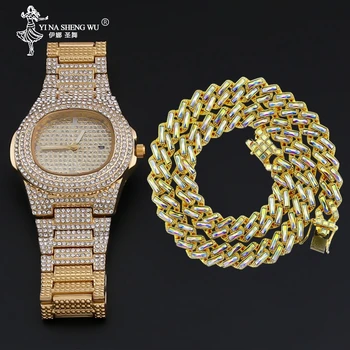 

Hip Hop 1Set Necklace & Watch Gold Color Full Iced Out Paved Rhinestones Geometric Square Cuban Chain CZ Bling Men Jewelry 15MM