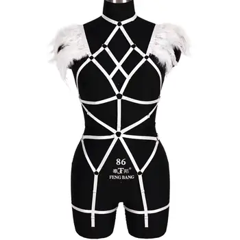 

Full Body Harness Feather White Crop Top Cage Shoulder Strap Soft Waist Garter Belt Dance Rave Women Hollow Out Punk Goth Bra