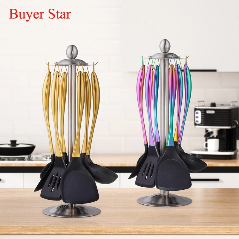 1pc/6pc/7pc Silicone Kitchenware Cooking Utensils Set Non-stick Cookware Spatula Shovel Stainless Steel Handle
