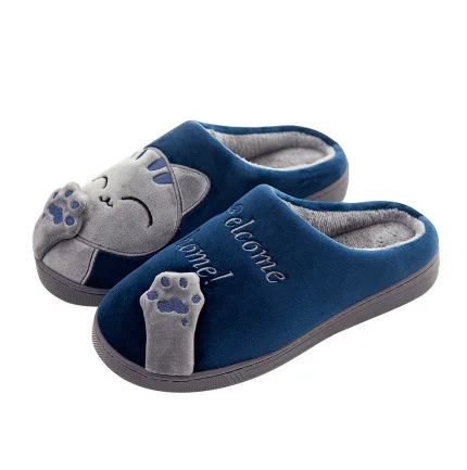 Dropshipping Women Winter Home Slippers Cartoon Cat Shoes Soft Winter Warm House Slippers Indoor Bedroom Lovers Couples YYJ220 - Цвет: Озерный синий