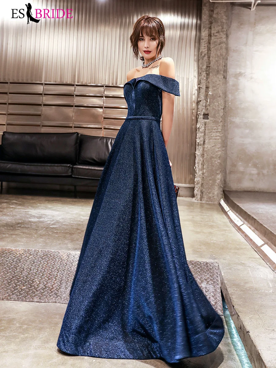 

Sparkle Dark Blue Evening Dresses ES30199 A-Line Boat-Neck Sequined Off The Shoulder Formal Gowns For Party Robe De Soiree