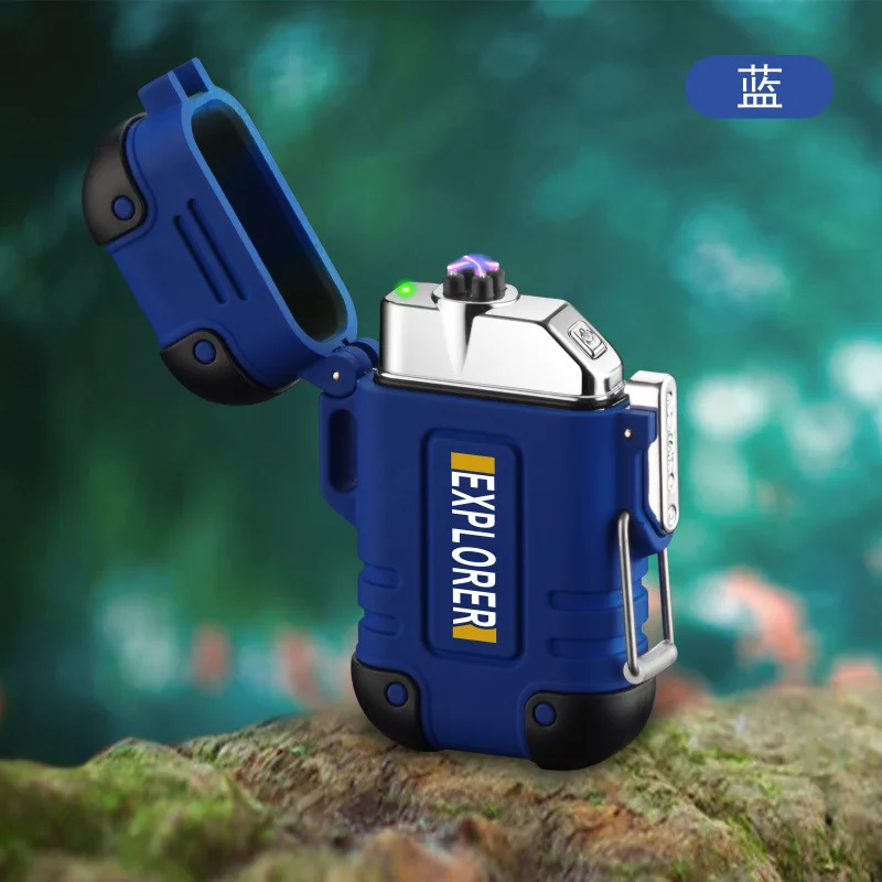 Синий Usb зарядка электрическая металлическая зажигалка для наружного использования водонепроницаемая ветрозащитная двойная дуговая импульсная плазменная Зажигалка для сигарет JX15 - Цвет: Синий