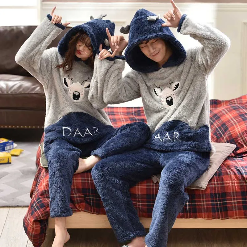 Deer Теплые пижамы для пар, унисекс, для взрослых, с рисунками животных, одежда для сна, фланелевая зимняя одежда для сна, Женская домашняя одежда, пижамы с капюшоном - Цвет: Deer