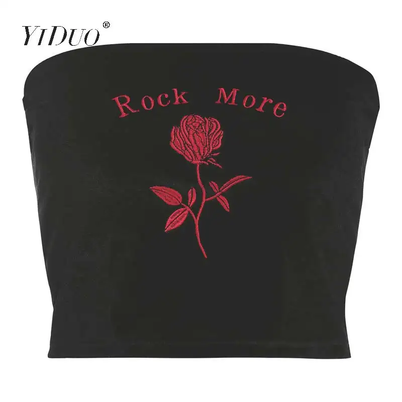 YiDuo, Harajuku, "ROCK MORE", Цветочная вышивка, черный бархат, укороченный топ, женские сексуальные топы, облегающие, для ночного клуба, вечерние, майка, Femme