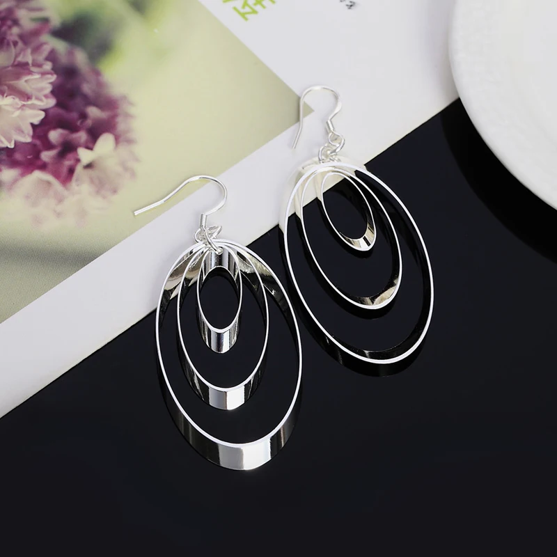 925 Silver Three Circle Drop Earrings For Women Wedding Fashion Jewelry