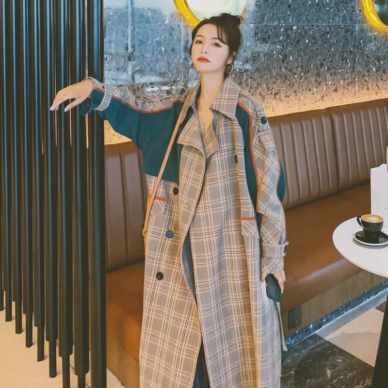 

2023 Coat Female Loose Lattice Trench Coat Long Coats Korean Casual Woman’S Windbreaker Double Breasted Trench Coat For Spring
