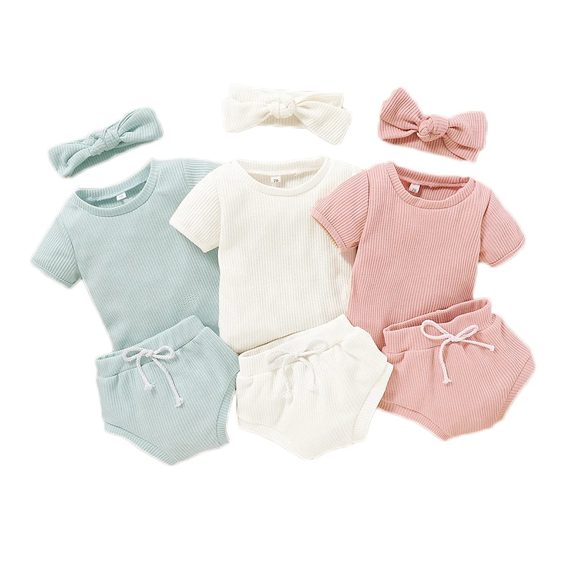 

3PCS Baby Sets Solid Tops+Pants+Headwear Baby Girl Clothes Sets Cotton O-Neck Short Sleeve Summer Girls Baby Clothing Sets