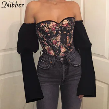 

JRYYT French Romance floral print Off Shoulder Tops Women Club sexy Strapless Corset Elegant Slash Neck Graphics T-Shirt mujer