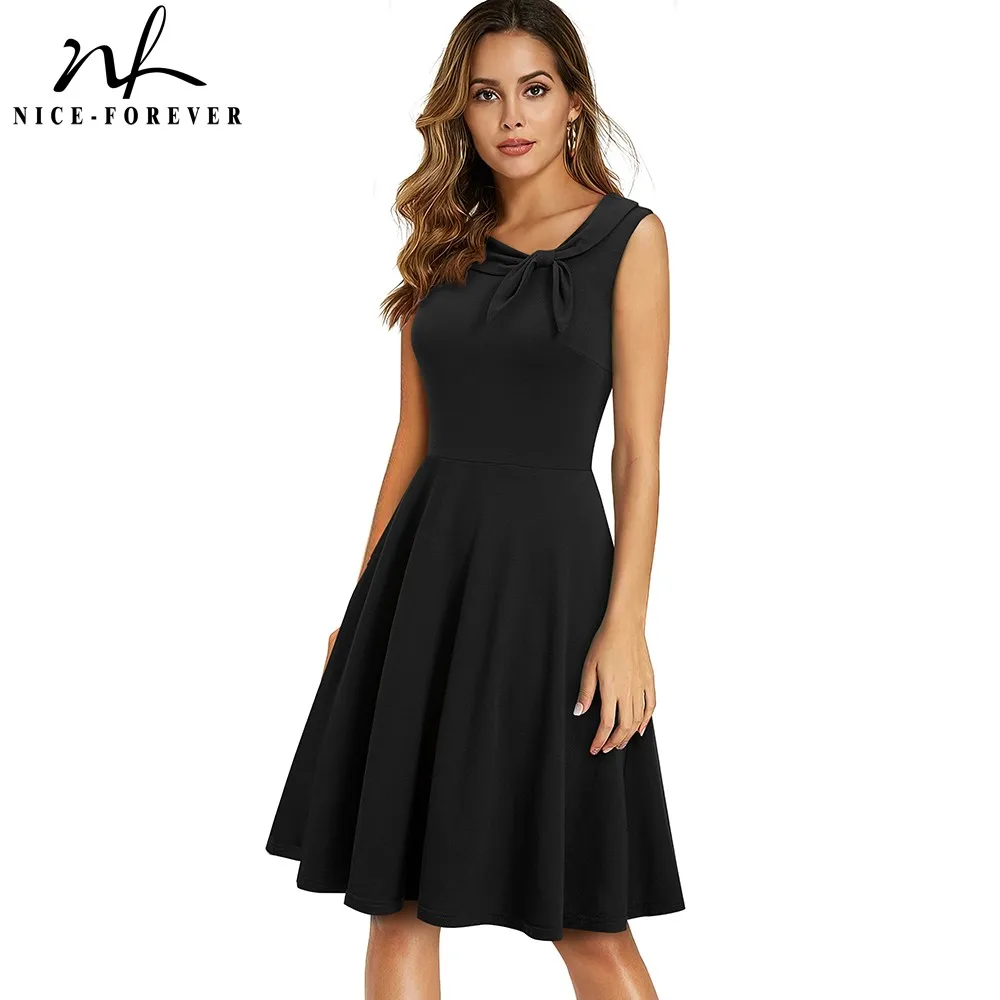 Nice-Forever Summer Women Tinta Unita Con Fiocco Elegante Abiti Senza Maniche Party Retro Flare Swing Dress A275