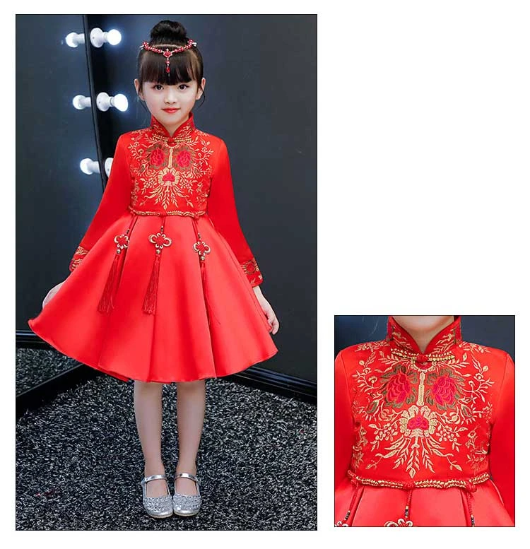 Красный атлас Cheongsam дети девочка принцесса платья китайский год платье Традиционный Тан костюм вышивка Qipao детей vestido