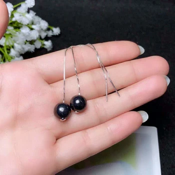 

Fidelity natural 10mm sapphire stone s925 silver drop earrings round fine jewelry for women party Natural black gemstone