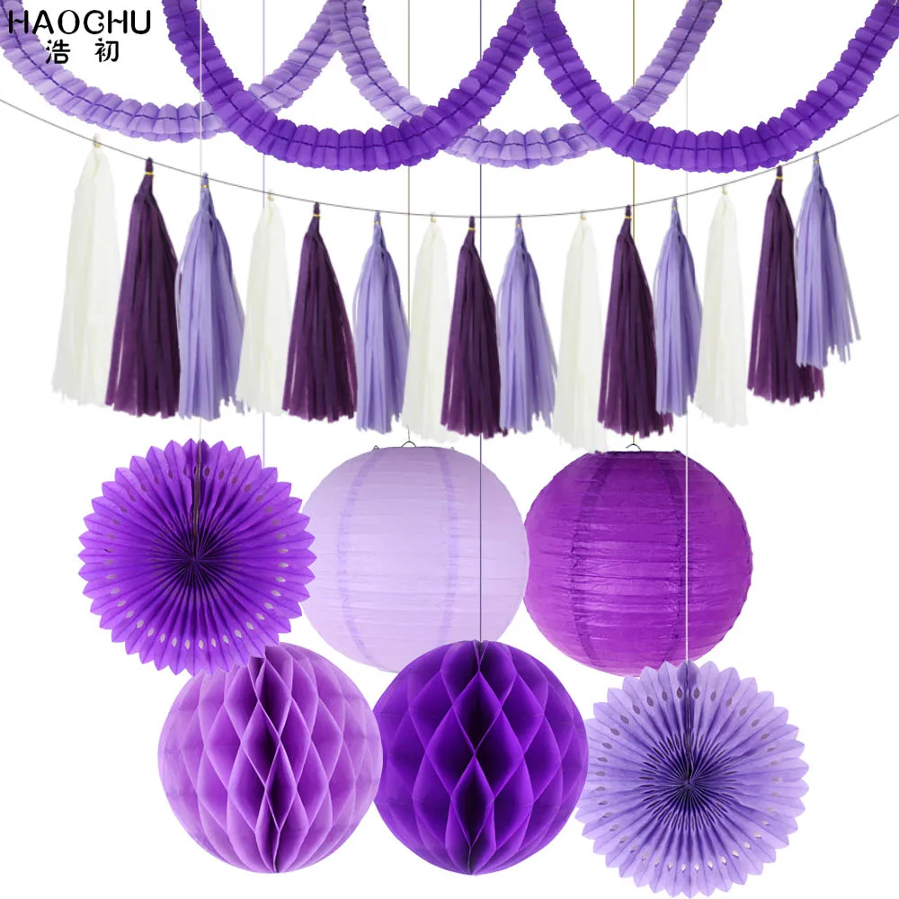 Purple Свадебный день рождения бумага DIY Декор набор ткани бумажный фонарь соты шар Подвесная гирлянда вентиляторы 23 шт смешанные/Лот украшения - Color: Purple