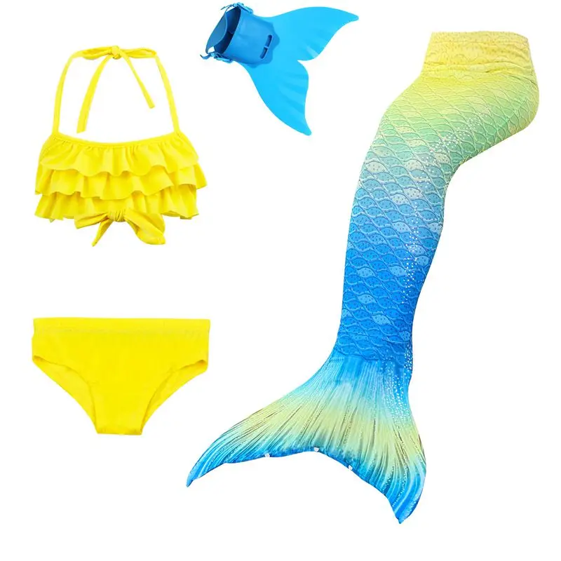 Костюм с хвостом русалки желтого и голубого цвета; бикини русалки; летний купальный костюм; костюм для плавания; костюм для костюмированной вечеринки для девочек