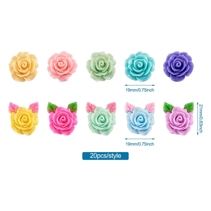 Pandahall 200pcs Opaque Resin Cabochon Rose Flower with Leaf Cabochon for Jewelry Making DIY Earring Hairpin Brooch Supplies