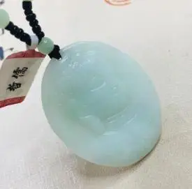 Zheru pure natural Jadeite carved light green oval Buddha head pendant with green bead chain sweater chain Send A certificate - Цвет камня: Зеленый