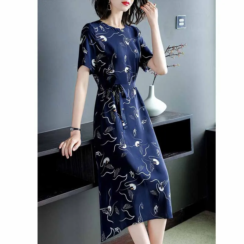 

Silk Dress 2019 Spring And Summer New Style Mulberry Silk Floral Print Short Sleeve Mid-length Waist Hugging Slim Fit Slimming S