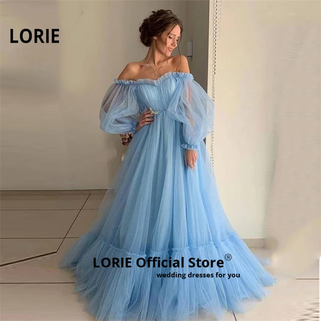 LORIE Elegant Prom Dress Ruffed Off the Shoulder Long Puff Sleeves A-Line Tulle Long Blue Pink Evening Gown Corset Party Dress Blue