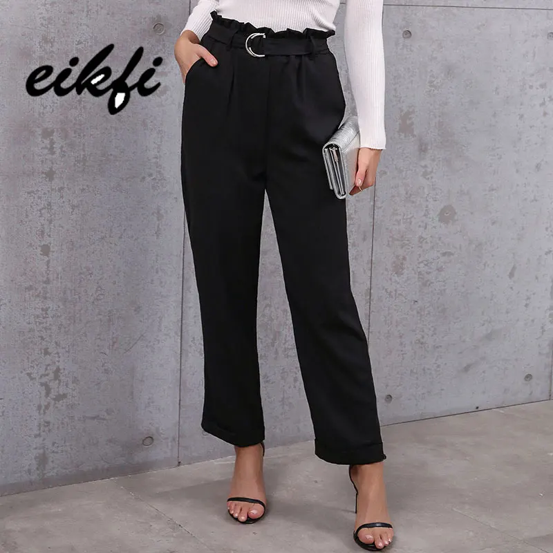 

EIKFI Women Side Pocket Tailored Pants Without Belt 2022 Spring Autumn Office Ladies Mide Waist Straight Leg Long Pants Clothing