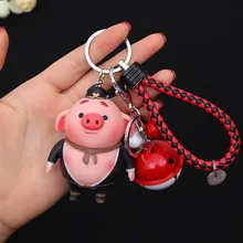 New Style Creative Cartoon Bell Keychain Pig Clang Leather Rope Pendant Bag Doll Pendant Wholesale