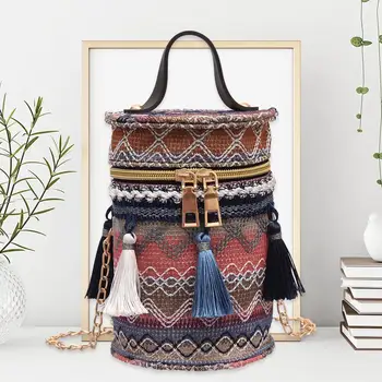 

Cylinder Straw Woven Bags Women Summer Beach Chain Crossbody Tassel Zipper Bags Shoulder Ladies Messenger Handbags