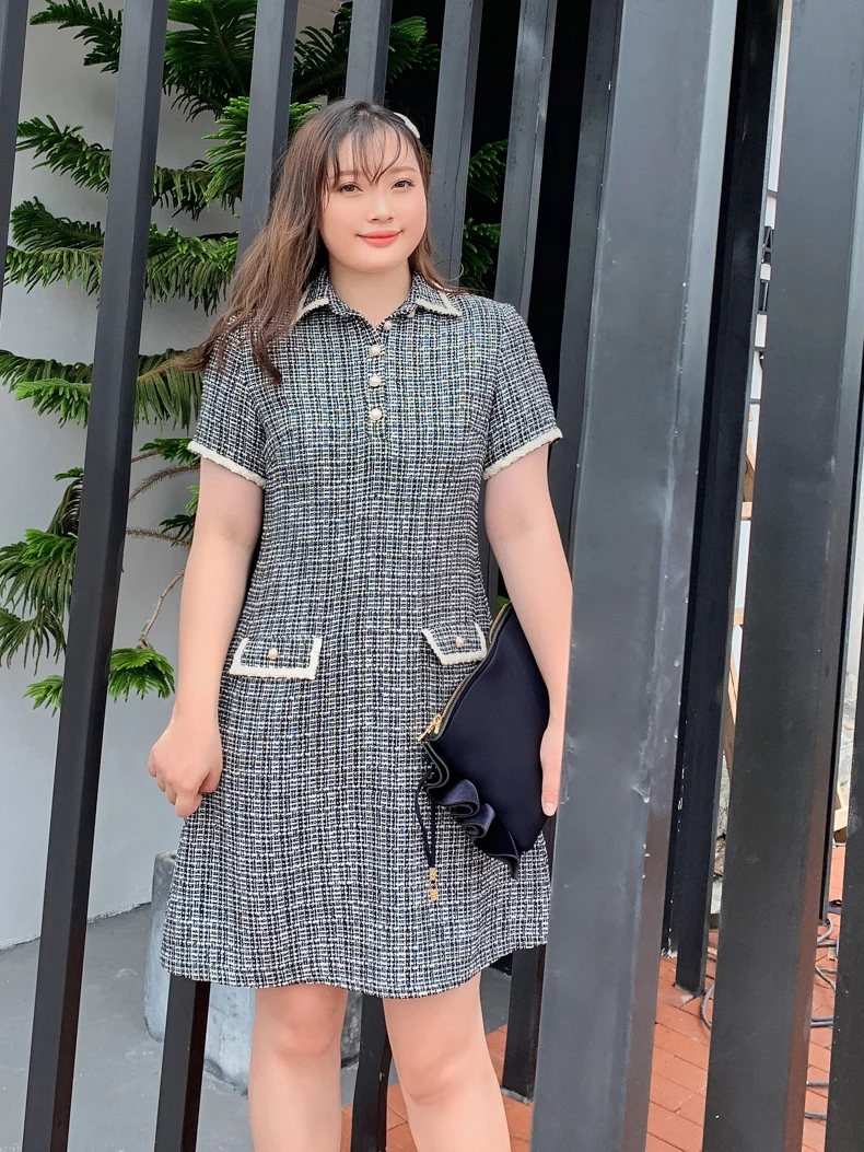 Toleen Elegant Women Dress Plus Size Dress Lace Shirt Collar Black And White Check Pocket Pearl Button Female Dress