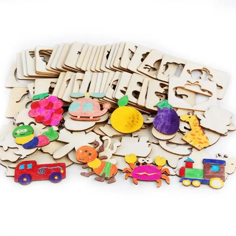 Multi-function 48pcs Graffiti Painting Templates Wooden Auxiliary Kids Early Teaching Learn Jigsaw Puzzle Drawing Toys