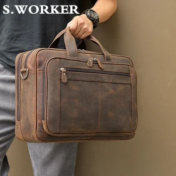 

Top Quality Genuine Leather Briefcase for Men Business Bag Vintage Designer Laptop Briefcase Crazy Horse Leather Shoulder Bag