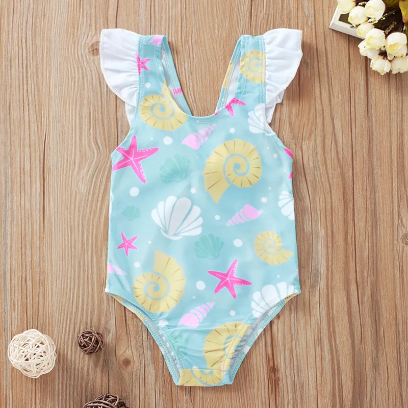 

Cute Summer Baby Girl Onesie Toddler Bodysuit Blue Cartoon Shell Baby Leotard Bowknot Backless Flutter Sleeve Bodysuit Newborn