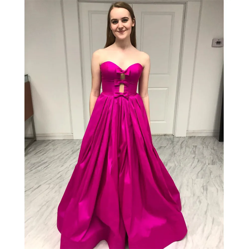 HONGFUYU Satin Hot Pink Prom Dresses Bowknot Sweetheart Zipper Party Gowns Full Length Evening Dress Formal Sleeveless Ball Gown