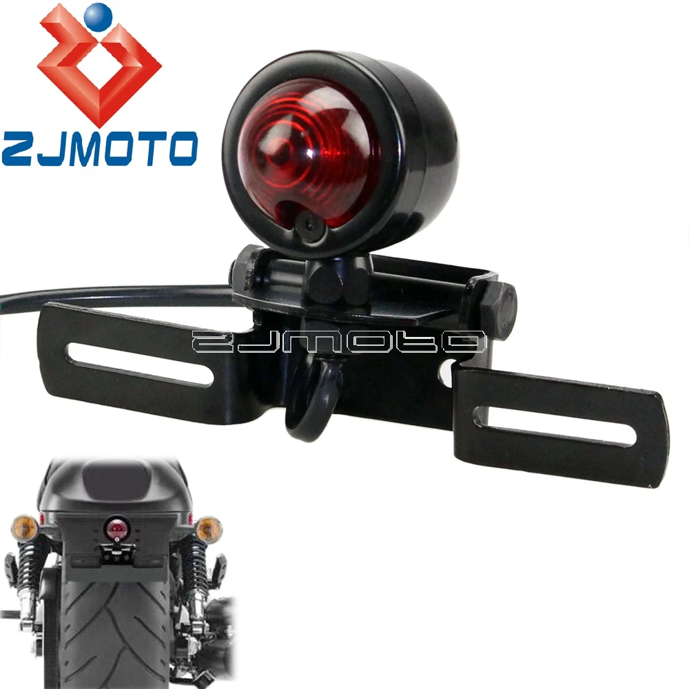 Motorcycle Taillight Brake Light License Plate Holder For Haley Bobber Cafe Racer Red Stop Light w/ Number Plate Holder