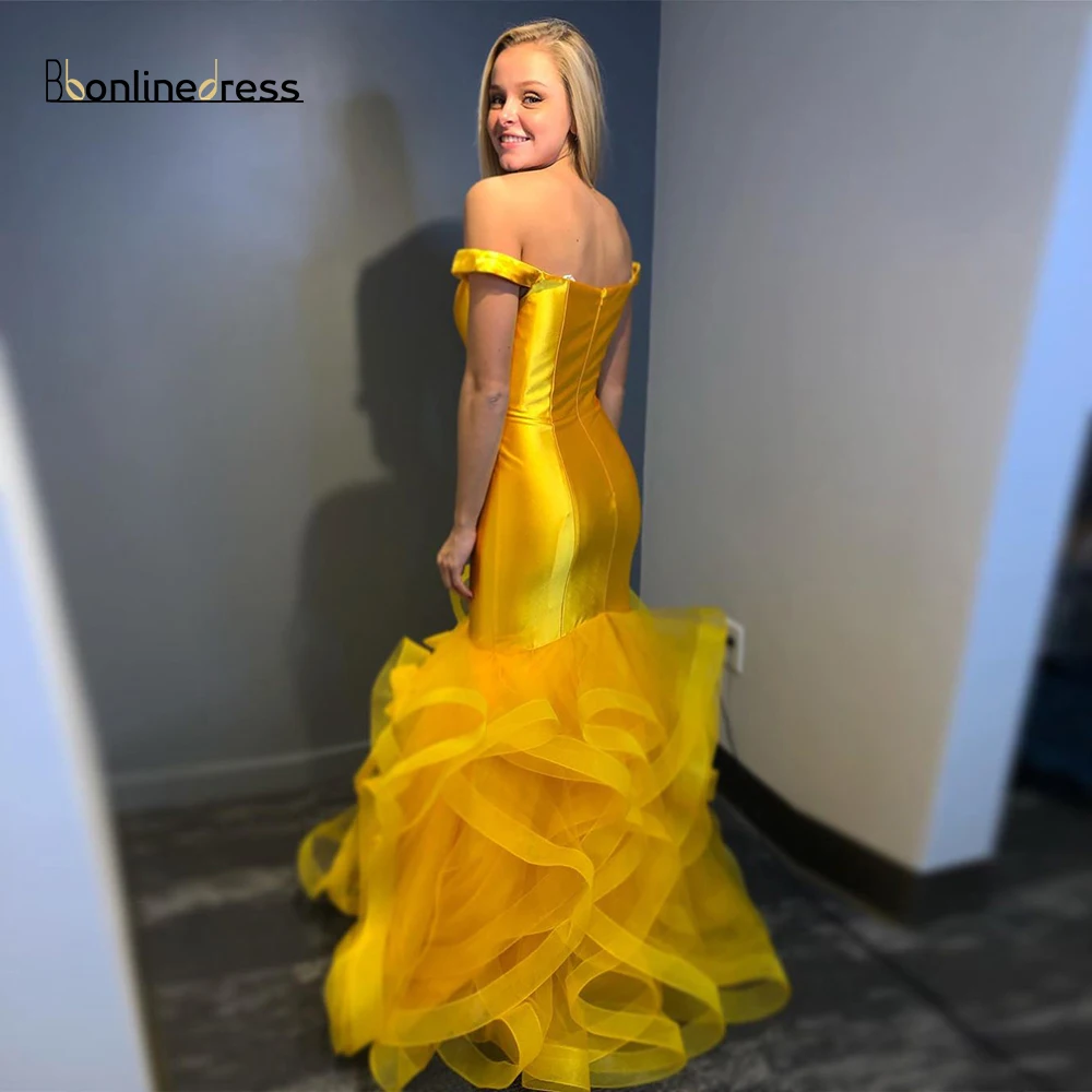 Bbonlinedress Новое желтое атласное выпускное платье русалки с открытыми плечами длинное платье для выпускного вечера es длина до пола официальное платье vestidos