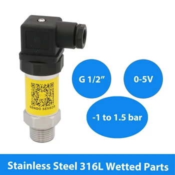 

-1 to 1.5 bar, pressure transducer, 0 5V output, 3 wires signal, 12V to 30V DC, 24V power, AISI 316L wetted parts, G 1 2 thread