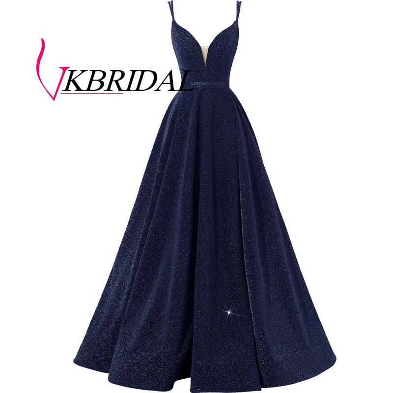 Тёмно-синий Vkbridal блестящее длинное вечернее платье сексуальное v-образным вырезом с высоким разрезом серый халат de Soiree торжественные платья для выпускного с карманами - Цвет: Тёмно-синий