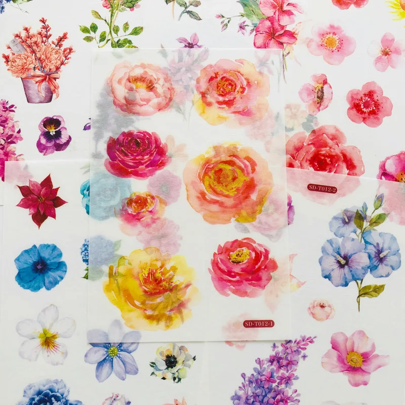 6 hojas adhesivas de pegatinas decorativas, peonías, rosas, Washi