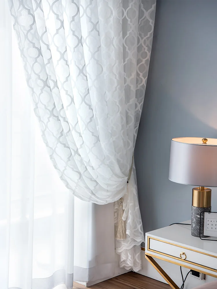 White Embroidered Tulle Curtains For Living Room Modern Diamond Gauze Sheer Voile Curtain For Bedroom Window Treatment Drapes - Image 5
