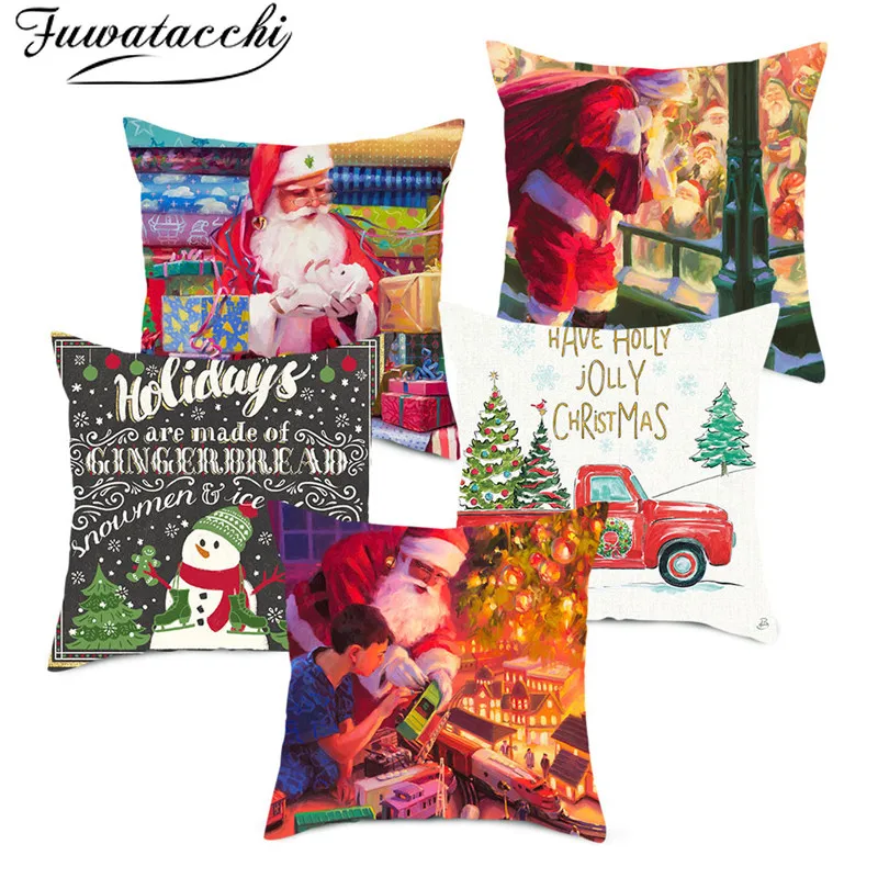 Fuwatacchi Santa Claus Printed Cushion Cover Christmas Pillow Covers Polyester Decoration Pillow Cases for Home Sofa 45X45cm