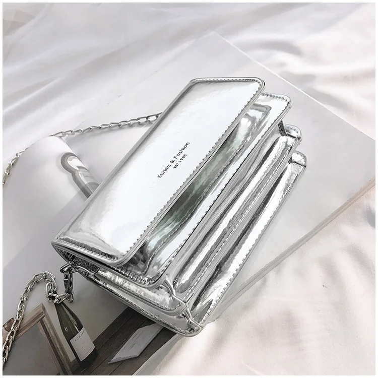 

2019 New Style Patent Leather Laser Square Sling Bag Simple Chain Double Bib Shoulder WOMEN'S Bag
