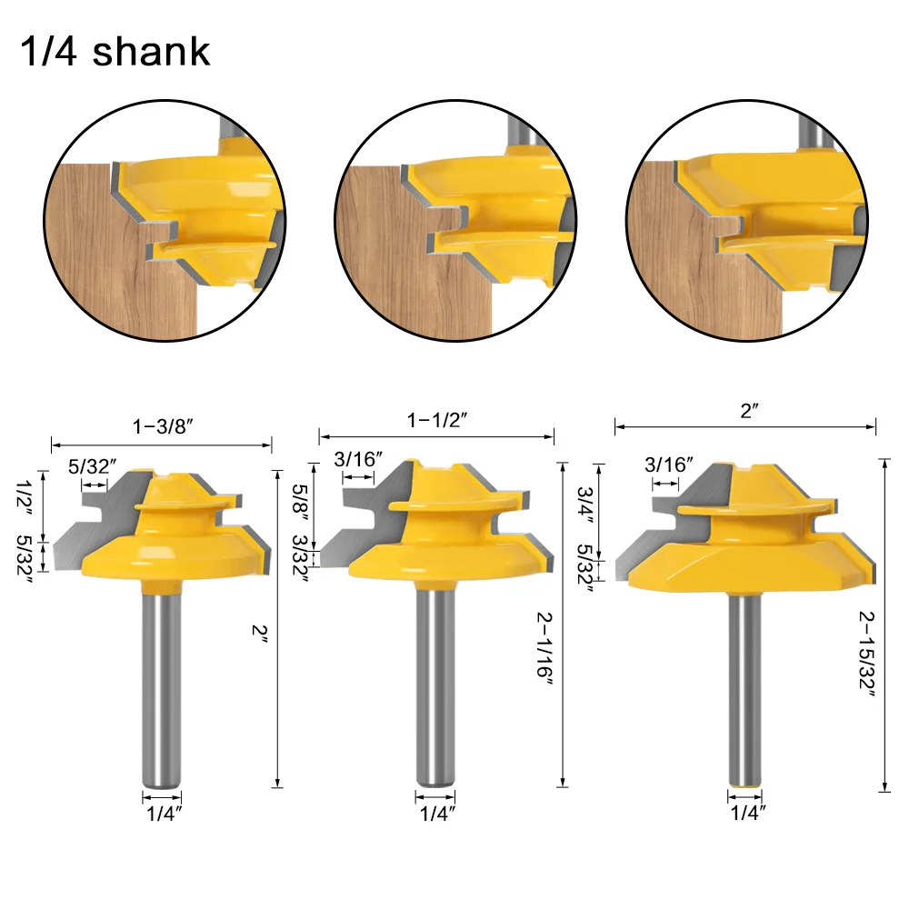 1/4" (6.35mm) Shank 45 Degree Lock Miter Router Bits Set 3 Size Diameter 1 3/8"&1 1/2"&2" Wood