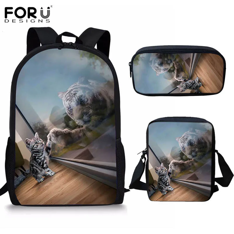 FORUDESIGNS/школьная сумка с 3D изображением кота и Тигра для детей, Детский рюкзак с изображением животных, школьный рюкзак для учеников начальной школы, Mochila