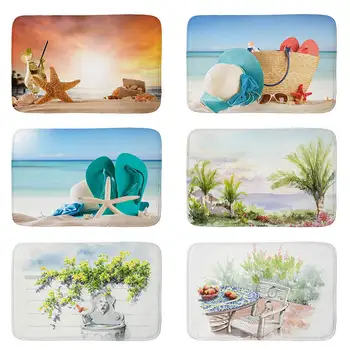 

40x60cm Summer Sea Tropical Anti-Slip Kitchen Flannel Doormat Entrance Scenery Mat Suede Carpet Kitchen Mats Rug