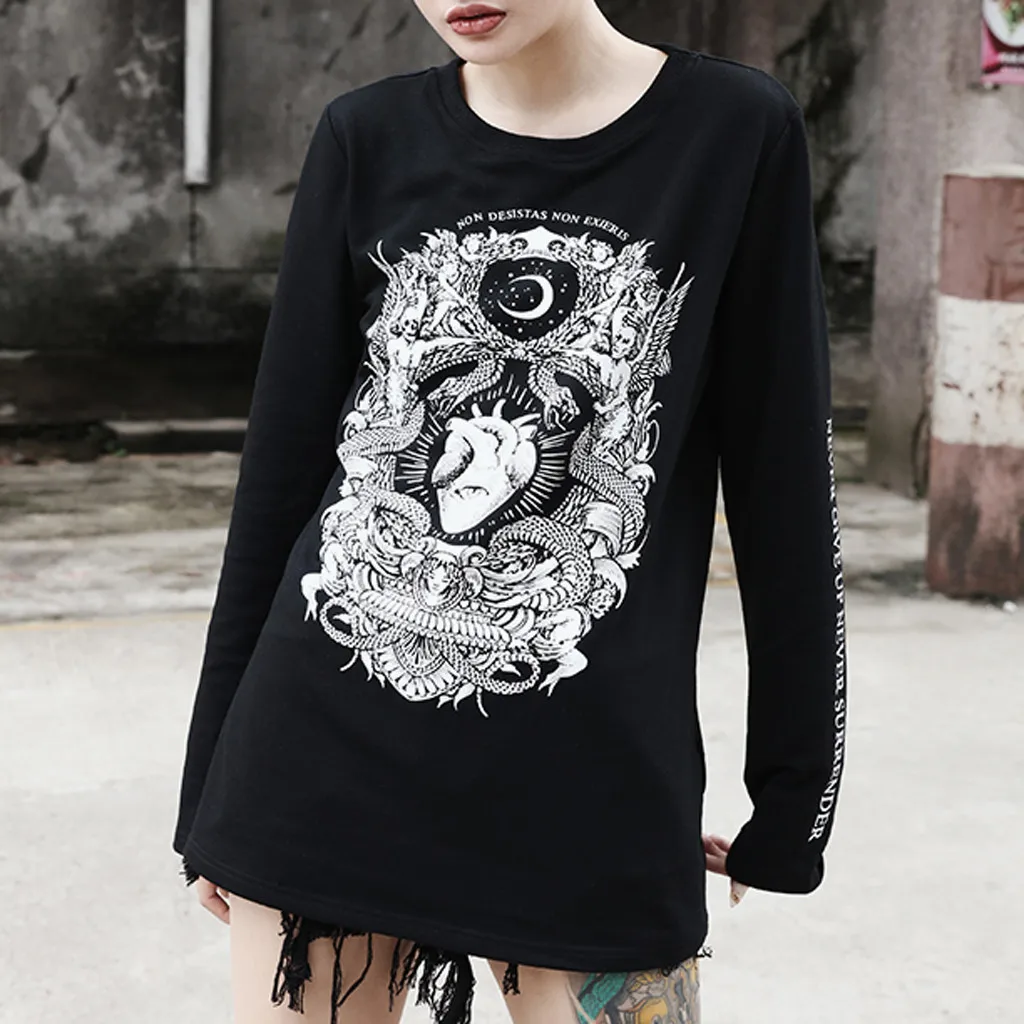 

2019 Women Fashion Gothic Printed T Shirt Women Black Punk Girl Goth Tops Casual Hip Hop Long Sleeve Sweatshirt Kpop Shirt
