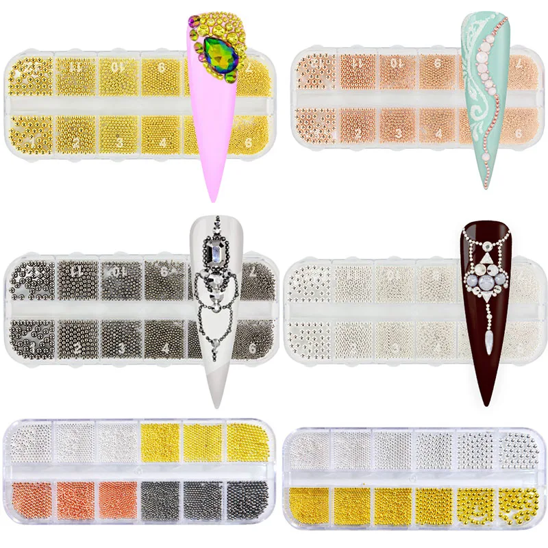 1Box12Girds(1mm-3mm) 미니 캐비어 메탈 비즈 스틸 볼 네일 스터드 캐비어 비즈 골드/실버 크리스탈 3D 마이크로 볼 네일 아트 참 &
